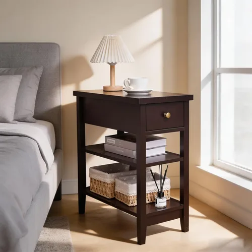 Miniatura 9 de Mesa auxiliar con cajón y estantes dobles, mesa auxiliar para sofá, mesita de noche para espacios pequeños, sala de estar, dormitorio, oficina Blanco