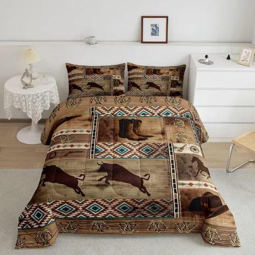 Miniatura 2 de Juego de ropa de cama de vaquero occidental, juego de edredón tamaño Queen para niños y hombres, ropa de cama azteca, rústico, granja, herradura