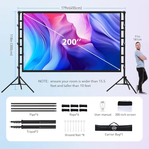 Miniatura 5 de Pantalla de proyector para exteriores de 200 pulgadas con soporte: pantalla de proyección grande LEORFI con trípode ajustable, pantalla