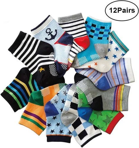 Miniatura 7 de Calcetines SkiBeaut para niño, 12 pares de calcetines antideslizantes para niño, calcetines de algodón con adherencia para niños de 1-3 3-5 5-7