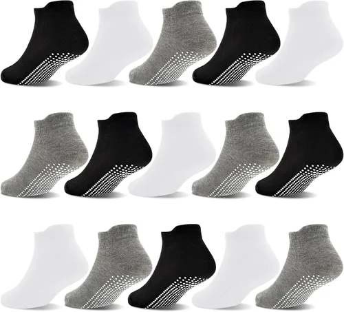 GRPSKCOS Calcetines Antideslizantes para Niños Pequeños 15 Pares Calcetines de Agarre Antideslizantes de Corte Bajo para Niños y Niñas de 1 a 7 Años