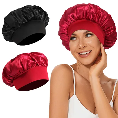 Miniatura 11 de 4 piezas de gorro de satén de seda, gorro de cabello para dormir, gorro de seda elástica de banda ancha para dormir, suave y transpirable