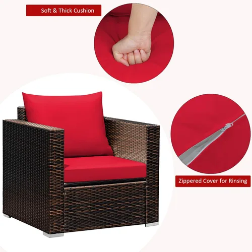 Miniatura 7 de COSTWAY Juego de muebles de patio de 3 piezas, sofá de mimbre para exteriores con cojines y mesa de centro con vidrio templado, juego moderno de Rojo