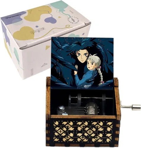 Pursuestar HowlMoving Castle-Merry Go Round of Life - Caja de música de madera con manivela manual, grabada vintage, regalo musical para fanáticos