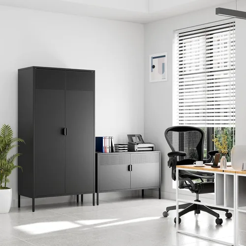 Miniatura 7 de Ustamio Gabinete de Almacenamiento de Metal Ancho Negro con Casillero, Gabinete de Acento de 2 Puertas para Hogar y Oficina, Gabinete de Metal Bajo