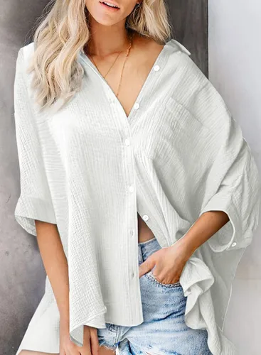 Miniatura 2 de Astylish Camisas de gran tamaño con botones para mujer, manga 34, cuello en V, texturizadas