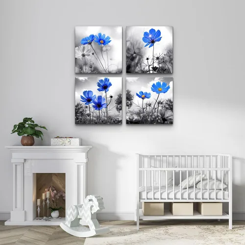 Miniatura 5 de Arte de pared para dormitorio, flor azul cian en blanco y negro, decoración de pared para decoración del hogar, pintura de arte de 12 x 12 pulgadas