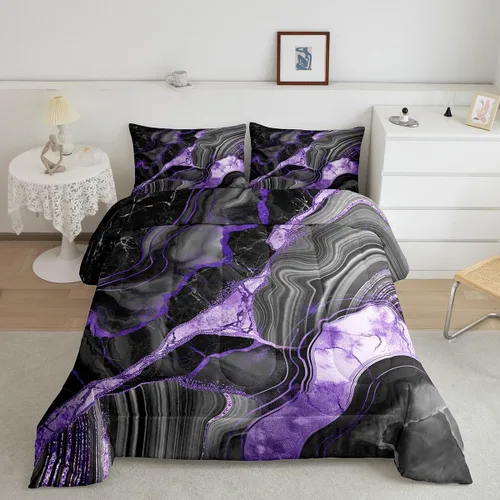 Miniatura 21 de Juego de edredón de mármol negro individual, ropa de cama dorada agrietada para adultos, hombres y mujeres, juegos de edredón de textura metálica