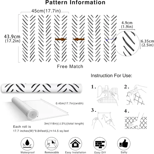 Miniatura 7 de HAOKHOME Papel tapiz de vinilo adhesivo extraíble con diseño de rayas en blanco y negro para gabinete de baño, papel de contacto de vinilo extraíble