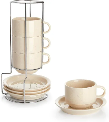 Miniatura 15 de Sweese - Juego de 4 tazas de espresso apilables de porcelana de 4 onzas con platillos y soporte de metal, color turquesa