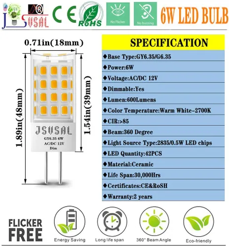 Miniatura 2 de Bombilla LED GY6.35 regulable, T4 JC tipo GY6.35/G6.35 base bi-pin, AC/DC 12V blanco cálido 2700K, 6W equivalente a 50-65W G6.35/GY6.35
