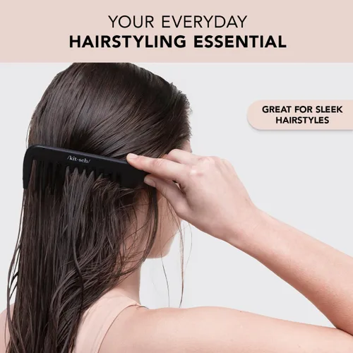 Miniatura 4 de Kitsch Peine de dientes anchos para rizos, herramienta desenredante de mango curvado para cabello rizado, húmedo y grueso, peine de ducha sin