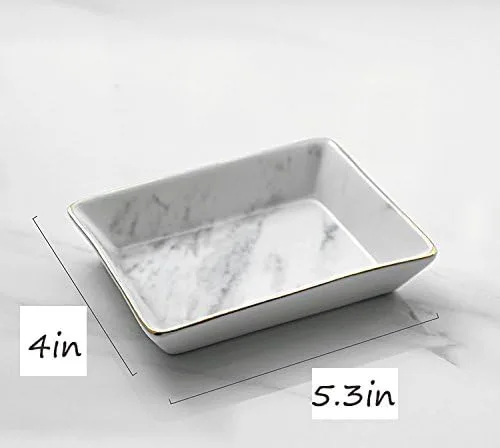 Miniatura 3 de SOCOSY Plato de cerámica de mármol para anillos de joyería, bandeja organizadora de joyas con bordes dorados, decoración del hogar, regalo de boda