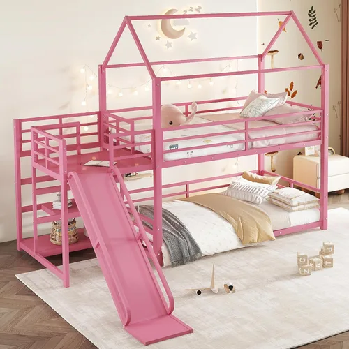 Miniatura 14 de Bellemave Litera individual sobre cama individual con tobogán, litera de piso para niños con escaleras de almacenamiento y barandilla de longitud