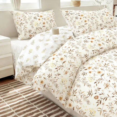 Sedefen Juego de funda de edredón floral Queen de 3 piezas con diseño botánico de flores beige para niñas, estilo romántico de primavera, juego de
