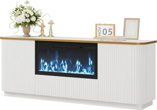 Miniatura 10 de QUW Soporte de TV acanalado de 70 pulgadas para televisores de hasta 80 pulgadas, moderno centro de entretenimiento con 2 cajones y gabinetes, Blanco