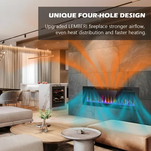 Miniatura 7 de LEMBERI Chimenea eléctrica de 50 pulgadas empotrada y montada en la pared, calentador de 750/1500 W y chimenea lineal con panel de control
