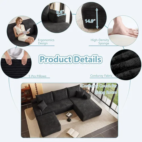 Miniatura 3 de Sofá modular Cloud de 95 pulgadas con otomana, moderno sofá nube en forma de U con asiento profundo, cómodo sofá de pana de 3 plazas, sofá de espuma