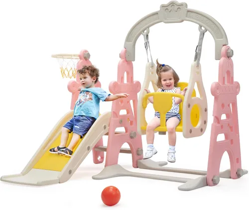 Miniatura 10 de Juego de tobogán y columpio 3 en 1 para niños de 1 a 3 años, parque infantil interior para niños, toboganes independientes al aire libre con aro