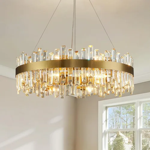 Miniatura 16 de Siljoy Candelabro moderno de cristal de 12 luces de oro cepillado de 2 niveles con forma de gota de lluvia de cristal, ajustable, montaje al ras