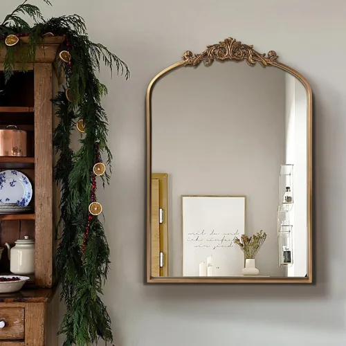 Miniatura 14 de WAMIRRO Espejo dorado adornado, espejos antiguos arqueados vintage para sala de estar, pasillo, chimenea, baño, entrada, 18 x 53 pulgadas