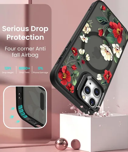 Miniatura 7 de Dretal Magnético para iPhone 11 Pro, Funda Floral, Protector de Pantalla, Anillo de Lente Integrado, Soporte, Protección de Grado Militar, Funda