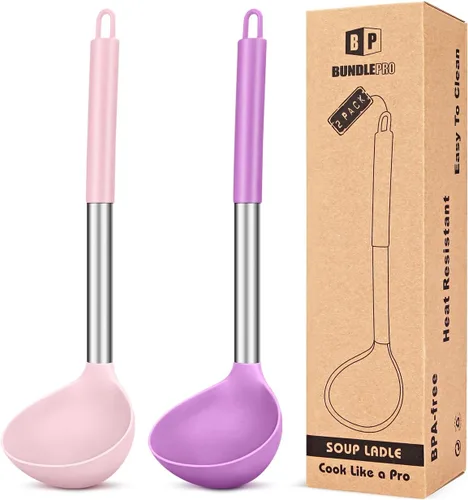 Miniatura 8 de Paquete de 2 cucharones de cucharón, cuchara grande de silicona para sopa, utensilios de cocina antiadherentes con alta resistencia al calor, sin