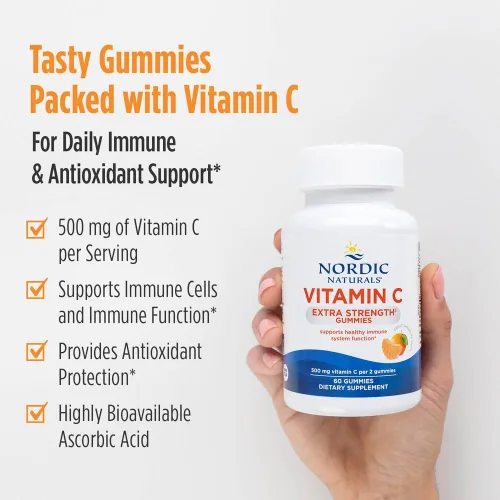 Miniatura 3 de Nordic Naturals Gomitas de vitamina C extra fuertes, sabor a mandarina, 60 gomitas - Suplemento vegano de vitamina C de 500 mg - Sistema