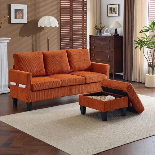 Miniatura 10 de VINGLI Sofá en forma de L de 68.5 pies con otomana de almacenamiento móvil, sofá modular convertible en tela de pana suave, moderno sillón Negro