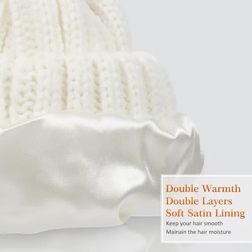 Miniatura 2 de Muryobao Gorro de invierno para mujer, con forro de satén, de piel sintética, con pompones, de punto, con forma de calavera