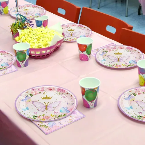 Miniatura 6 de Juego de 96 platos de mariposa para fiesta de cumpleaños, servilletas, tenedores, suministros de vajilla, juego de vajilla desechable, decoración