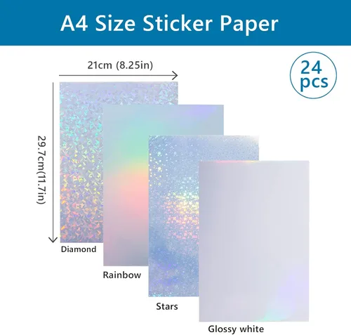 Miniatura 2 de Nihuecne 24 hojas de papel adhesivo de vinilo imprimible tamaño A4 (8.25 x 11.7 pulgadas), papel adhesivo holográfico brillante, autoadhesivo