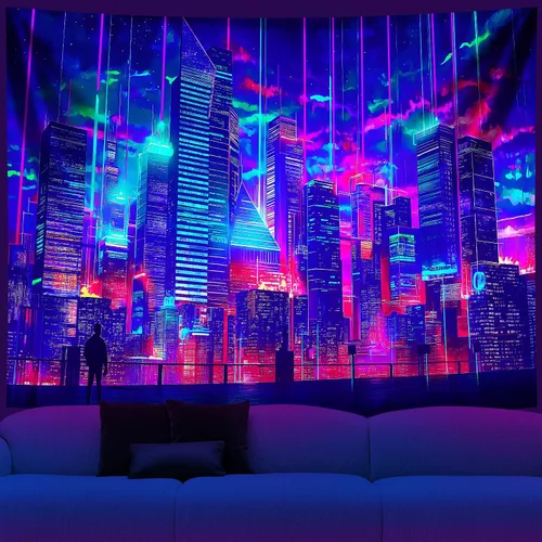 Miniatura 7 de NYZE Tapiz de luz negra de ciudad, tapiz de anime japonés, juego punk, fantasía, vista nocturna, paisaje urbano, arte futurista, neón, tapices