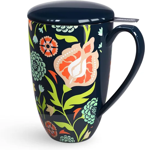 Taza de té con infusor y tapa Taza de té con tapa Teaware con filtro de gran capacidad 16 onzas, azul marino