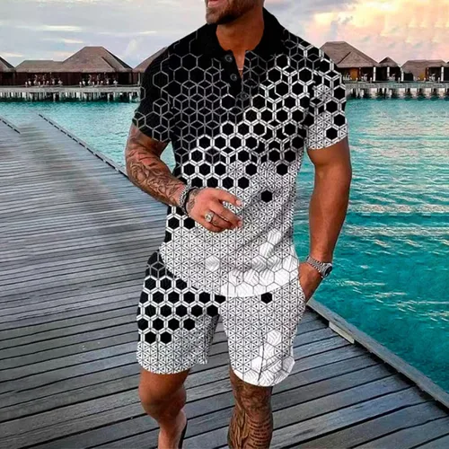 Miniatura 2 de Conjunto deportivo de 2 piezas para hombre, conjunto de tops y pantalones cortos, conjuntos de moda a rayas, traje deportivo casual de manga corta