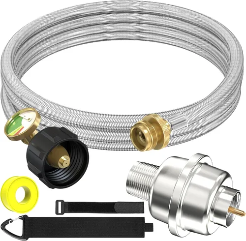 Manguera adaptadora de propano trenzada de acero inoxidable de 10 pies con manómetro, manguera adaptadora con adaptador QCC1/tipo 1 que conecta el
