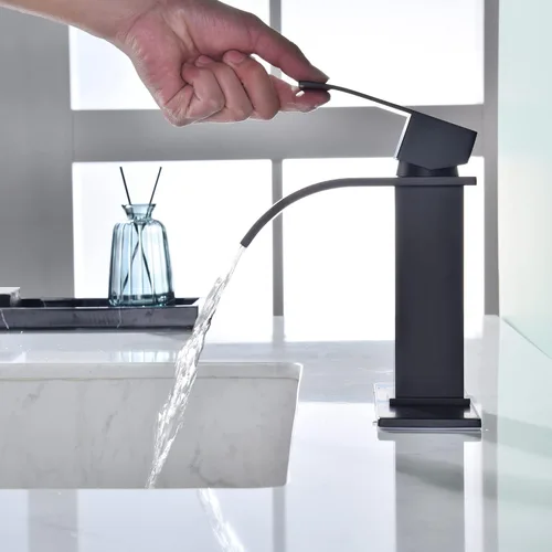 Miniatura 6 de Grifo de baño de cascada negra de un solo agujero, grifo de lavabo de baño con escurridor desplegable y placa de cubierta para instalación de 3