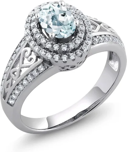 Miniatura 30 de Anillo de compromiso con halo de piedra preciosa y piedra natal en plata chapada en oro amarillo de 18 quilates, ovalado, 0.236 x 0.157 pulgadas