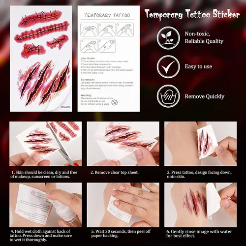 Miniatura 4 de NiHome 40 hojas de Halloween terror extraíble realista falso tatuaje temporal, traje de zombi Cosplay herida de sangre sangrado cicatriz variedad