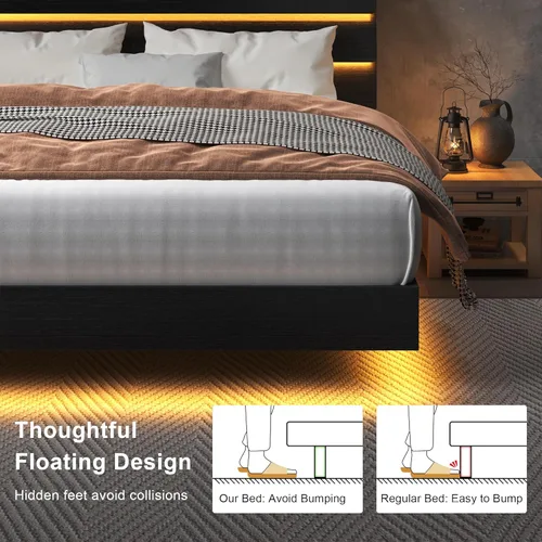 Miniatura 5 de Feonase Base de cama flotante tamaño Queen con luces LED y estación de carga, base de cama de madera tamaño Queen con cabecero de almacenamiento