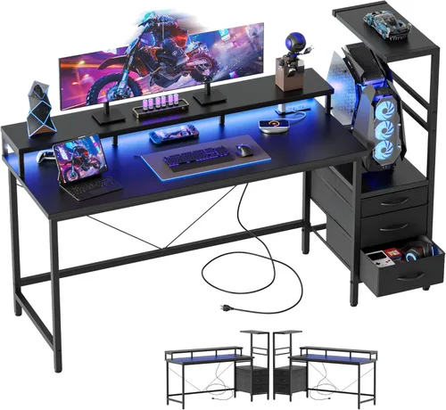 Mericonia Escritorio para juegos con tomas de corriente y luces LED, escritorio reversible para computadora con soporte para caja de PC, cajones de
