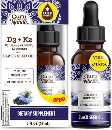 GuruNanda Aceite de semilla negra, Nigella sativa prensada en frío, rico en vitamina D3, 5000 unidades, K2 y E, alta timoquinona | Potente