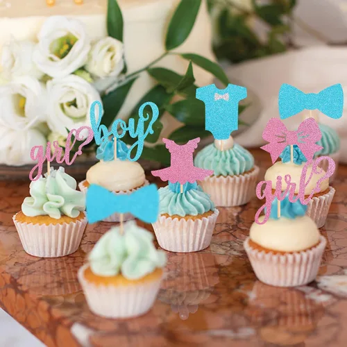 Miniatura 3 de Paquete de 24 adornos para cupcakes para niños o niñas, con purpurina rosa y azul, palillos para cupcakes de baby shower, corbatín, mameluco, mono