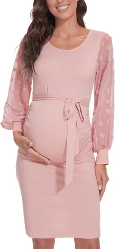 Vestido de maternidad de manga transparente de malla de lunares suizos, vestidos formales de baby shower, vestido ajustado para embarazo, fruncido