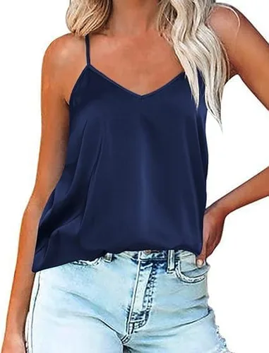 Ekouaer Camiseta sin mangas de satén de seda para mujer, con cuello en V, tirantes delgados, blusa básica de verano