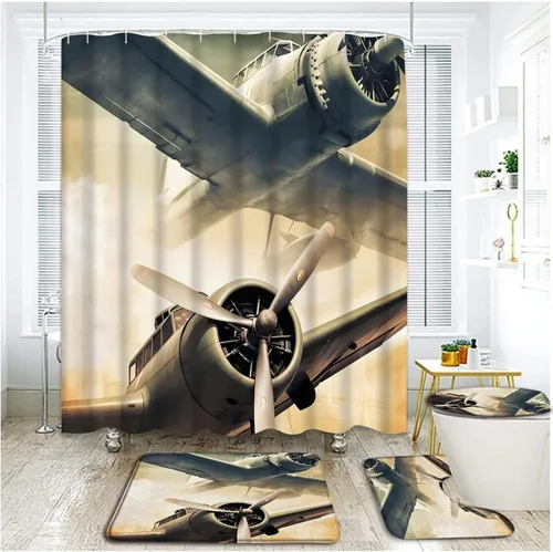 Juego de 4 cortinas de ducha de avión retro con alfombras, cubierta de tapa de inodoro, avión militar de la Segunda Guerra Mundial, aviación