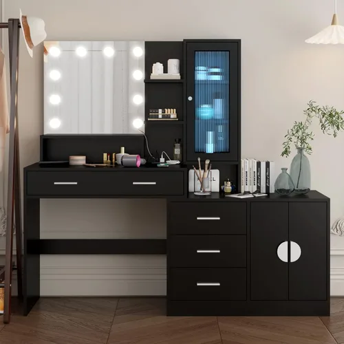 Escritorio de maquillaje con espejo y luz, espejo de tocador con estación de carga para dormitorio, mesa de maquillaje con estantes de