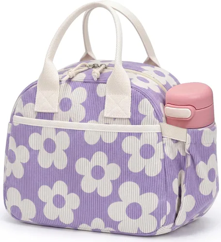 Miniatura 12 de Carry bloom Lonchera para mujer, lonchera aislada, bonita lonchera de pana reutilizable para el trabajo (1 rayas blancas y negras)