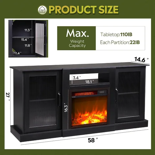 Miniatura 3 de WLIVE Soporte de TV con chimenea para TV de 65 pulgadas, centro de entretenimiento con chimenea eléctrica de llama realista 3D, consola de TV