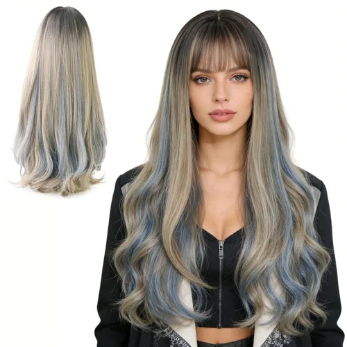 Miniatura 8 de Peluca larga negra con flequillo, peluca de cabello natural para mujer, peluca de cosplay (negro, 25 pulgadas)